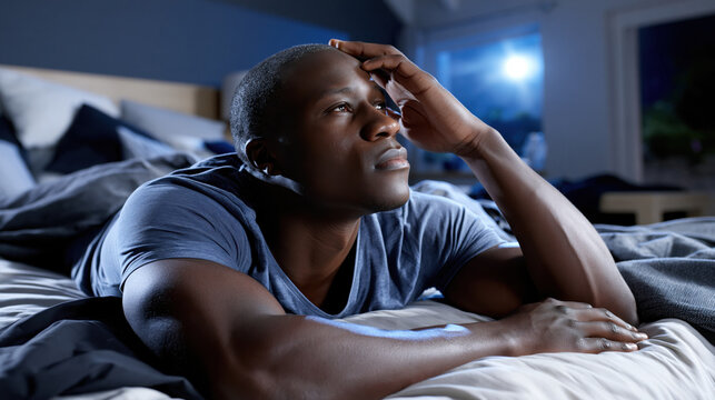 Insomnia sleepless night worry stress anxiety black man bedroom home interior night lamp Tired black man lying awake dark bedroom during sleepless night feeling worry and stress while staring