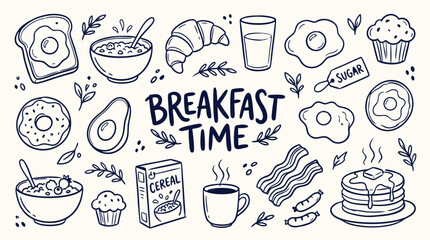 Handdrawn doodle illustration featuring a collection of popular breakfast foods and beverages