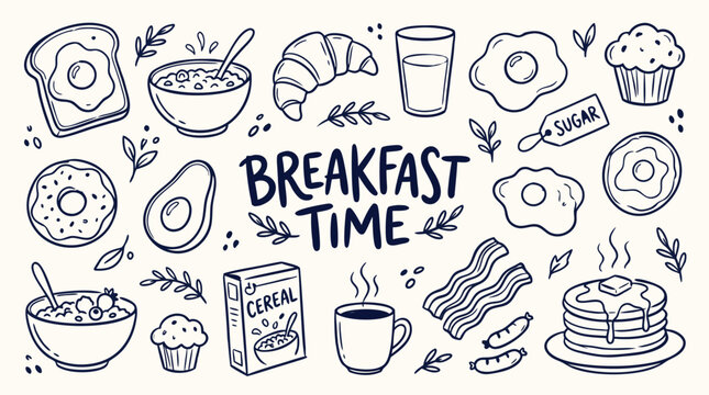 Handdrawn doodle illustration featuring a collection of popular breakfast foods and beverages