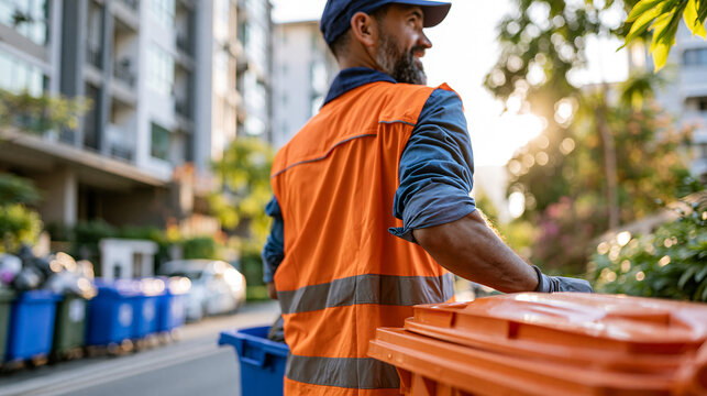 Garbage removal man in uniform seen from behind picking up garbage bins from an apartment building bright morning street garbage removal bins apartment building worker