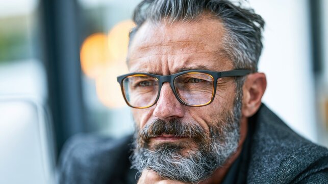 Thoughtful mature man with gray hair and beard wearing glasses and a dark coat looking serious and focused in a blurred indoor setting with natural light