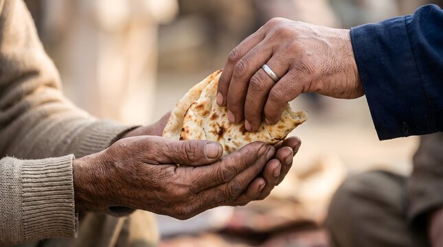 Close-up of a Person Giving a Piece of Traditional Flatbread to a Needy Person as a Gesture of Charity and Kindness