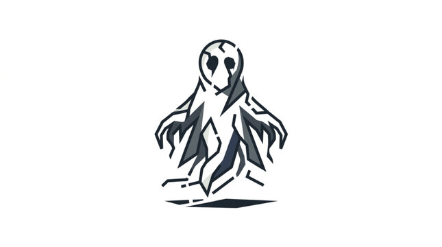 Stylized ghost illustration with dark eyes and flowing form.