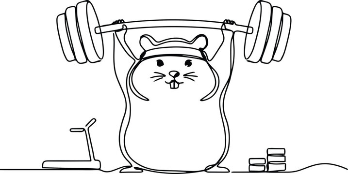 Hamster lifting a heavy barbell, continuous line rodent