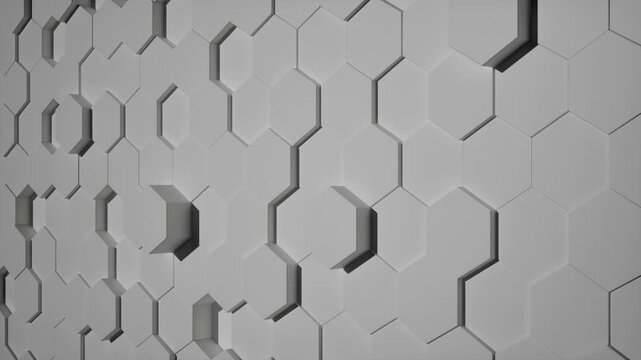 CGI of 3D hexagonal grid patterns in white and grey. Camera explores the honeycomb surface at various angles, ideal for tech or corporate backgrounds. Rendered in Unreal Engine.