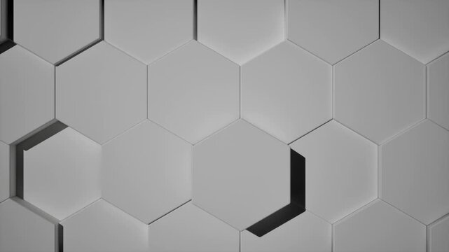 CGI of 3D hexagonal grid patterns in white and grey. Camera explores the honeycomb surface at various angles, ideal for tech or corporate backgrounds. Rendered in Unreal Engine.