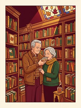 Senior couple sharing a cinnamon roll in a cozy library