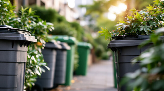 Wheelie bins standing on a pavement waiting for rubbish collection row of gray and green containers along a bright street wheelie bins pavement rubbish collection row gray