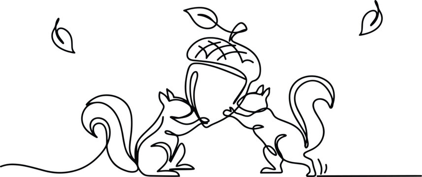 Two squirrels holding a large acorn, continuous line