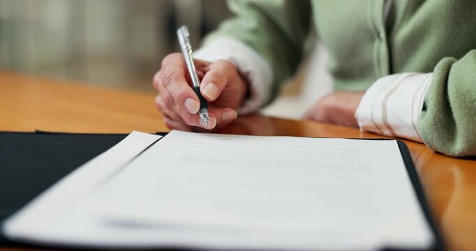 Senior, woman and hands with paperwork for signature, life insurance or form for asset management. Old person, sign legal documents or title deed in retirement for estate planning, will and testament
