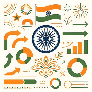 Business Analytics and Infographics Elements Set with Indian Flag Tricolor Theme and Ashoka Chakra for Corporate National Presentations