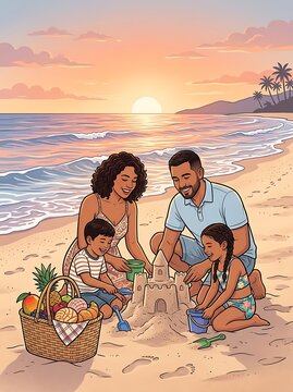 Happy family building a sandcastle on a tropical beach at sunset