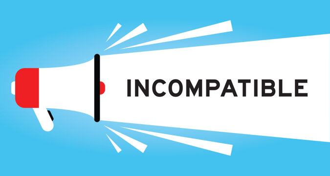 Color megaphone icon with word incompatible in white banner on blue background