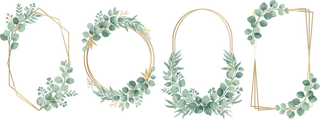 Set of elegant geometric gold frames decorated with watercolor eucalyptus branches and green leaves foliage © Sanjina