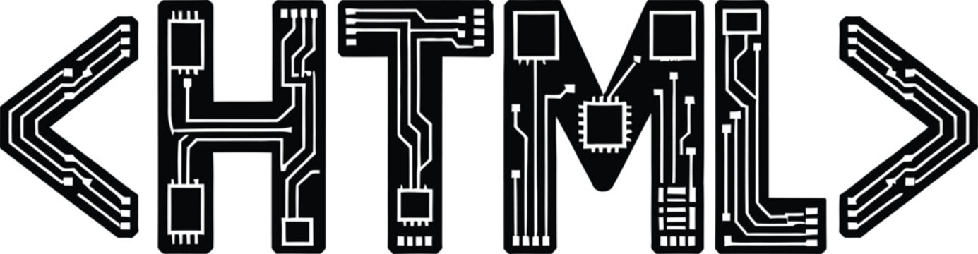 Circuit board style html text with angle brackets as vector illustration for web development technology and electronic computer coding.