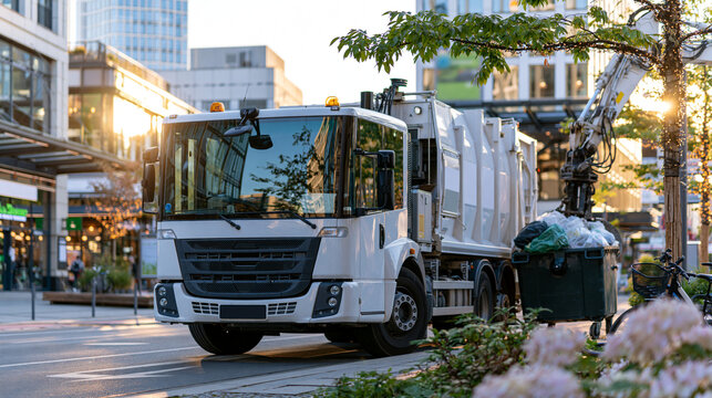 Garbage truck lifting a large disposal container with its hydraulic arm on a bright city street public utility service collecting trash garbage truck hydraulic arm disposal