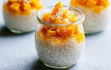 Obraz premium Mango sago dessert with coconut jelly, creamy pudding, fresh mango cubes, and shredded coconut in glass jar on gray background