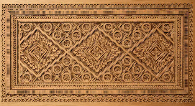 Intricate Ornamental Wood Carving Featuring Geometric Diamond Patterns and Detailed Floral Relief Accents for Classical Interior Design Decoration