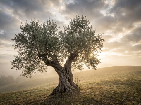 Ancient Olive Tree at Sunrise on Rolling Hillside
