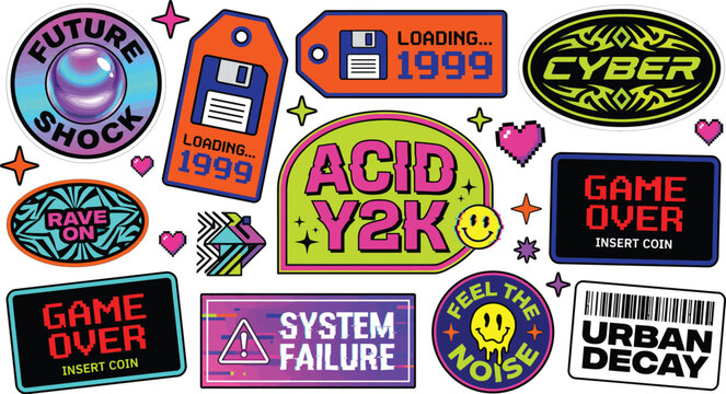 A collection of vibrant stickers with a retro Y2K aesthetic on a white background