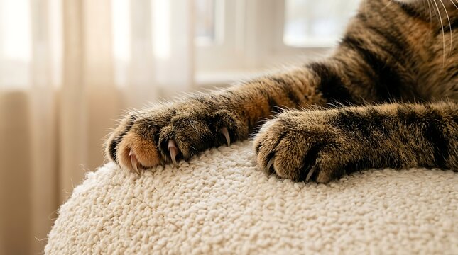 Close up of tabby cat paws with claws digging into textured fabric