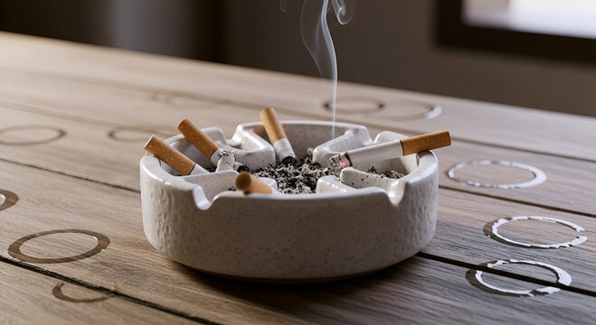 The concept of cigarettes and ashtrays with tobacco smoke symbolizing the health risks of smoking and nicotine addiction.