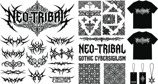 A collection of neo tribal gothic designs and streetwear clothing with cyber sigilism patterns
