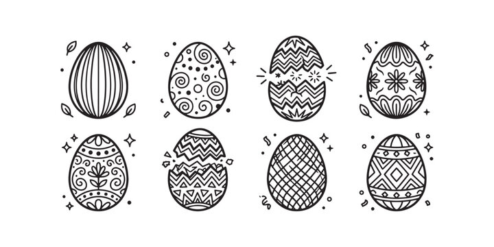 Easter egg line art icons, set of 8 decorative holiday egg vectors, black and white doodle illustrations for coloring and spring design