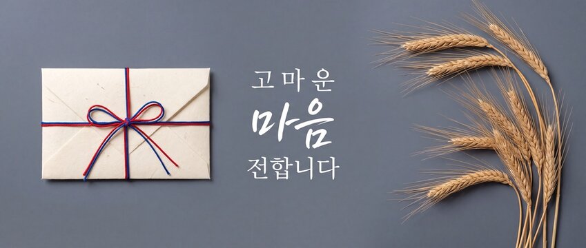 Korean traditional envelope Thanksgiving gift with barley wheat stalks and gratitude calligraphy on gray background, elegant banner for Chuseok holiday greeting card and seasonal celebration concepts.