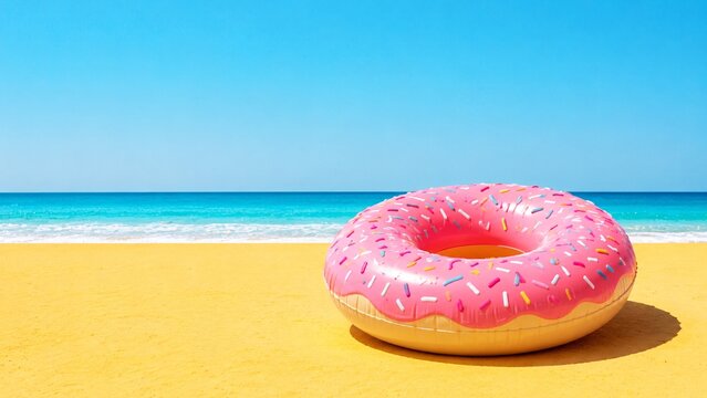 Pink frosted donut inflatable pool float with sprinkles on a yellow beach background