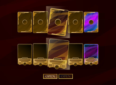 Fantasy trading card pack opening interface featuring collectible card reveal animation, front and back card designs, rarity variations, highlighted rewards, and action buttons