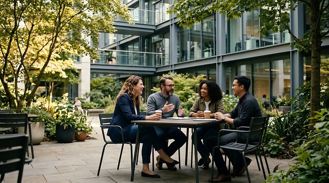 Collaborative group of coworkers talking outdoors at a modern office