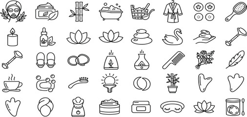 Naklejka premium Minimalist Spa and Wellness Line Icon Set Featuring Modern Black and White Aromatherapy Massage Meditation and Self Care Illustrations for Digital Designs
