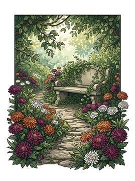 Stone bench in a lush garden filled with colorful chrysanthemums