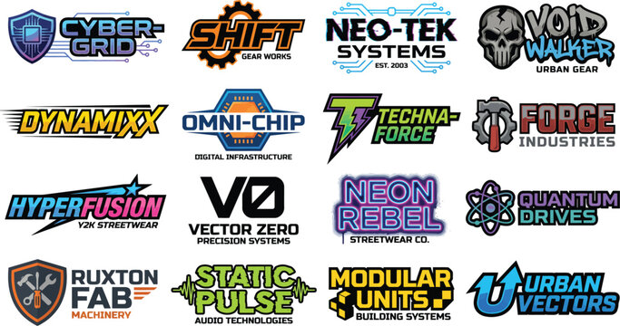 A collection of vibrant and colorful logos for various technology and streetwear companies on a clean white background