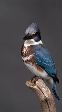 the Portrait of a belted kingfisher perched on a rustic branch.jpg. The male kingfisher, with its detailed blue-grey crested head, distinct white collar, and chestnut speckled chest