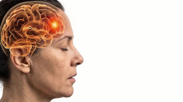 Realistic human head with glowing 3D brain graphic overlay on white background off center, migraine headache medical concept with copy space