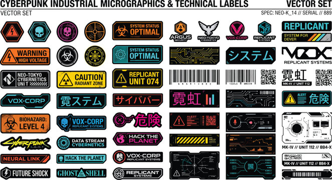 A collection of cyberpunk industrial micrographics and technical labels in a vector set format for design and technology applications