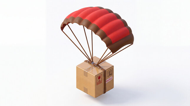 Cardboard box descending with red parachute
