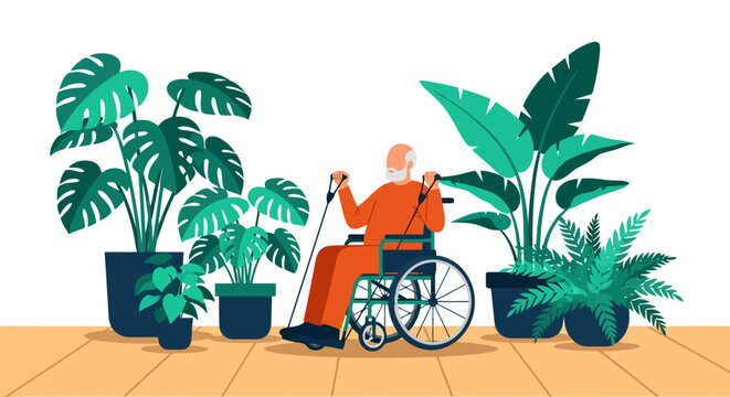 An elderly man in a wheelchair exercises with resistance bands surrounded by lush green houseplants.