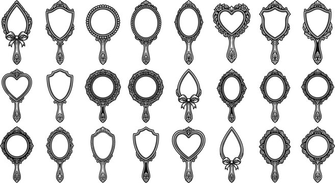 Set of vintage ornate hand mirror frames, elegant decorative black antique borders, vector illustration collection