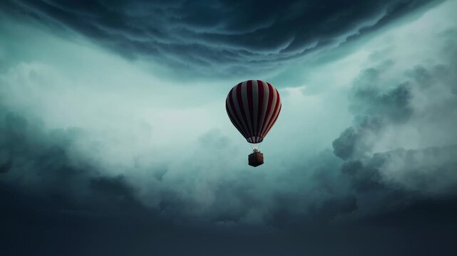 Cinematic CGI of a hot air balloon drifting through dramatic storm clouds. A teal sky creates an epic, mysterious mood for adventure, travel, or fantasy. Rendered in Unreal Engine.