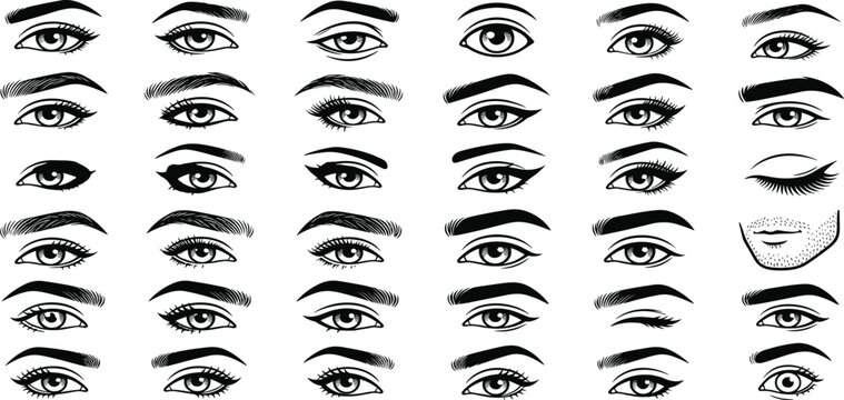 Detailed Female and Male Eye and Eyebrow Shapes Set Featuring Black Hand Drawn Line Art Makeup Guides for Beauty Salon Branding and Cosmetics Illustrations