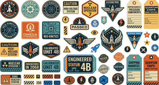 A collection of colorful stickers and labels with various industrial and technological themes on a white background
