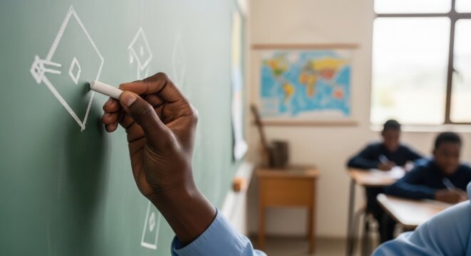 Teacher writing on chalkboard in classroom with students focused on learning. Teacher illustrates concepts with chalk while students engage in classroom activities, showcasing educational environment.