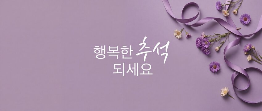 Korean Chuseok holiday greeting banner with calligraphy text on elegant purple background decorated with autumn wildflowers and satin ribbons for traditional Thanksgiving celebration cards templates.