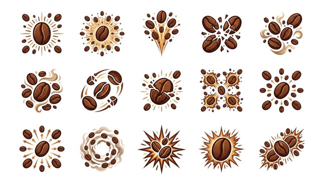 Collection of stylized coffee bean illustrations with abstract elements.