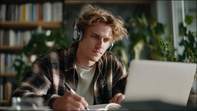 Smiling young man wearing headphones studying online, using a laptop and writing in a notebook