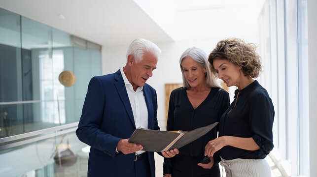 Ultra realistic senior business owner discussing succession planning with a financial advisor and adult daughter in an executive office, blank presentation folder, modern architecture