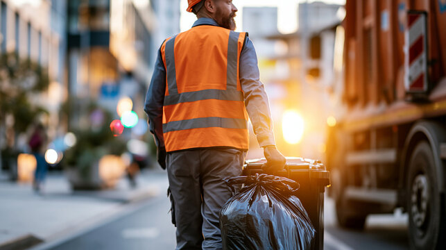 Garbage removal man in work uniform seen from behind rolling a wheeled bin toward a collection truck bright city street garbage removal waste collection wheeled bin worker